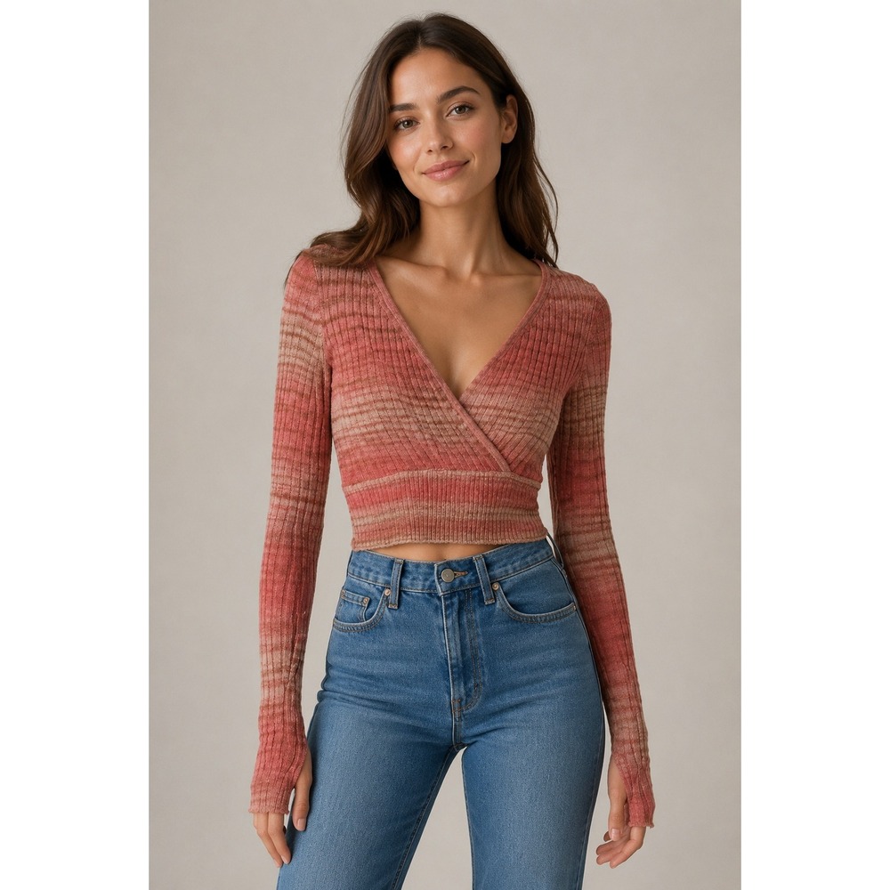 American Eagle Knit Crop Sweater Festival Boho Neck Coral Top XXS Babydoll Y2K